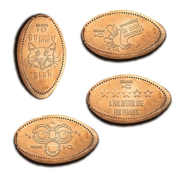 John doesn't like pennies, so we've made it a tradition to SMASH THEM! Get a set of four pressed pennies designed by nerdfighter Alys, featuring a tribute to Gummy Bear, Beanie Sandfurbs, The Anthropocene Reviewed, and , "Sneezing is Never Normal"