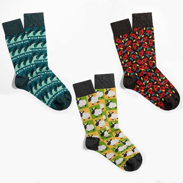 Three pairs of super awesome, super high-quality socks designed by Rachel Calderon Navarro, featuring fun P4A and Nerdfighteria inspired designs.