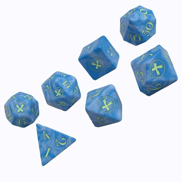 A set of 7 polyhederal dice featuring the Nerdfighteria crest on a swirly blue background. Includes a d4, d6, d8, d10, d12, d20, and percentile die.
