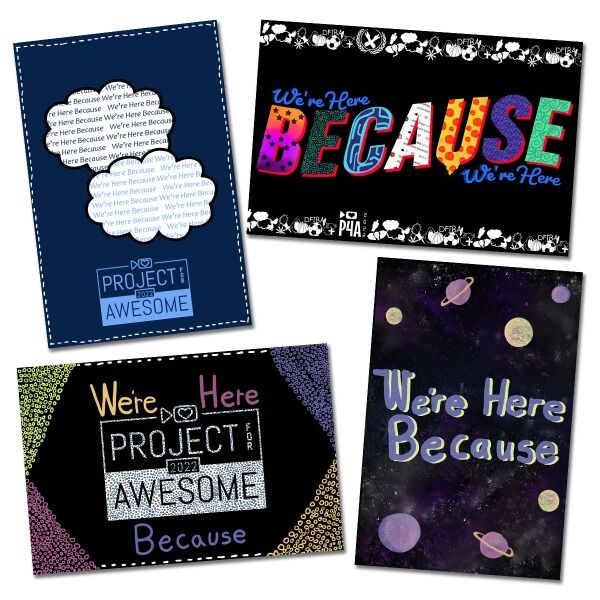 Celebrate that "We're here because we're here" with a set of 4 postcards designed by Kimmy Reinhardt.