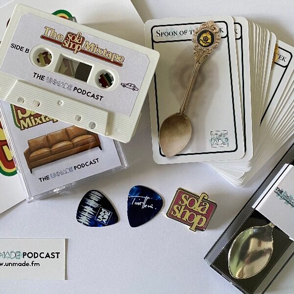 Some sweet Unmade podcast collectibles from Brady Haran and Time Hein featuring: a Souvenir Spoon, 23 Spoon of the Week collector cards, a Sofa Shop Mix Tape and pin, 2 Tim Guitar Plectrums, and 1 Personalized and Signed Postcard from Brady.
