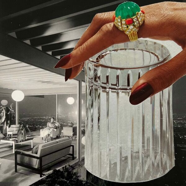 An original collage piece by Sarah Green featuring images from vintage magazine on top of classic architectural photographs by Julius Shulman. All approximately 7.5 x 9 inches.