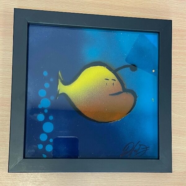 Final batch of Hank's iconic Hanklerfish art, this time spray painted onto a medium square glass frame.