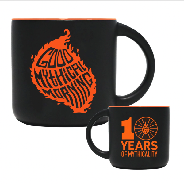 Commemorate Rhett and Link's 10 Year Anniversary with their new Season 21 mug, featuring the OG GMM logo and the new 10 Years Of Mythicality logo.