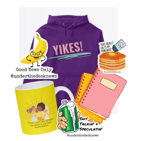 Here's some awesome merch from V Spehar at Under the Desk News! Merch pack includes a hoodie, sticker pack, some journals and pencils, a "those loans are between joe biden & god" mug, plus a few fun surprise items and a handwritten card.