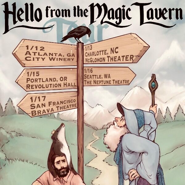 Get a Hello from the Magic Tavern tour poster signed by Arnie Niekamp, Matt Young (Usidore the Blue) and Adal Rifai (Chunt).