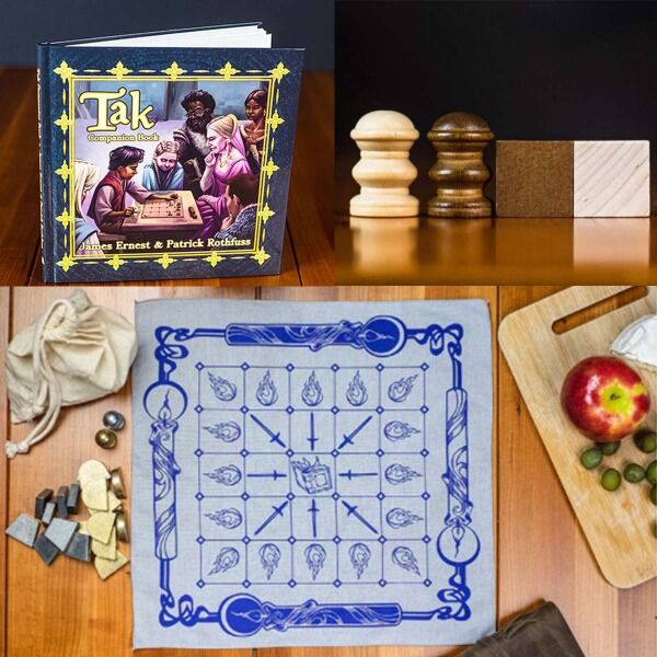 This bundle from Pat Rothfuss includes: A signed copy of the kickstarter-exclusive book/board that covers the rules, history of the game, and strategy advice. Plus a set of the Tavern pieces in a cloth bag and the Chandrian cloth board.