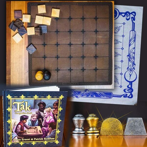This bundle from Pat Rothfuss includes everything in the normal Tak bundle PLUS a Wyrmwood leather board and a set of metal game pieces.