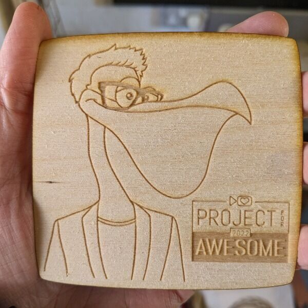 A pelican Hank coaster produced by Jim and designed by dftbaRachel. Photo is an unfinished sample. 90mm by 95mm 3mm birch plywood 2 coats of polyurethane varnish to protect it from heat and stains.