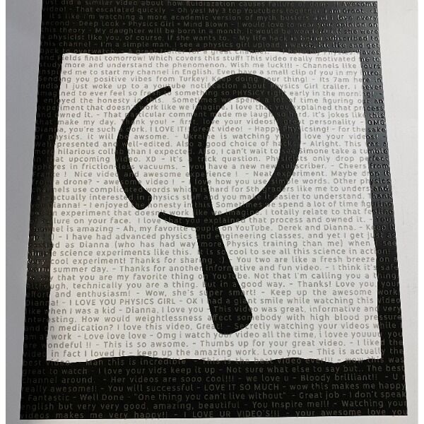 A poster with the Physics Girl logo imprinted with video comments, signed by Dianna Cowern. A poster with the Physics Girl logo imprinted with video comments, signed by Dianna Cowern.