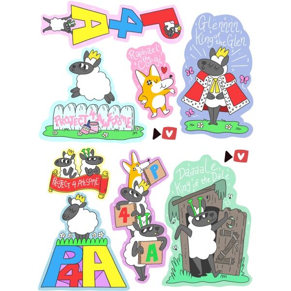 The official P4A 2021 sticker pack! Featuring Glennnn and Daaaale and their friend, Raphael the Corgi! Contains 2 sticker sheets designed by Sam Schultz The official P4A 2021 sticker pack! Featuring Glennnn and Daaaale and their friend, Raphael the Corgi! Contains 2 sticker sheets designed by Sam Schultz