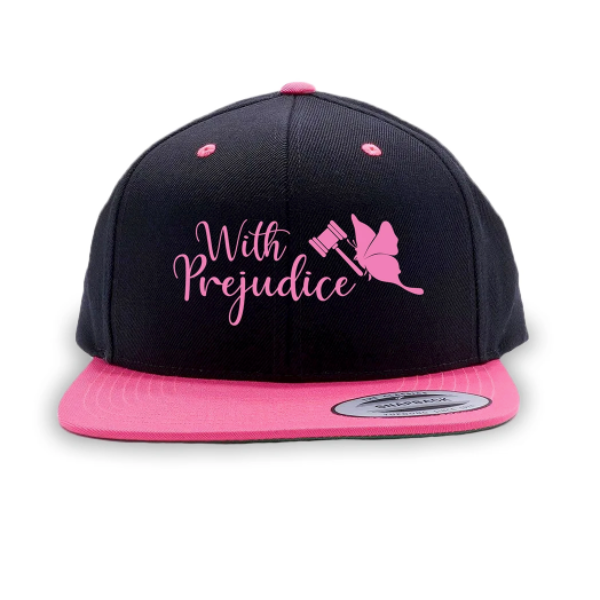 Dismissed With Prejudice. A stylish pink and black flat cap hat, with an adjustable clip, one size fits most. Signed by Lindsay Ellis. Dismissed With Prejudice. A stylish pink and black flat cap hat, with an adjustable clip, one size fits most. Signed by Lindsay Ellis.